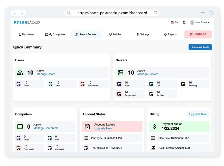 Dashboard overview of Polarbackup cloud storage solutions